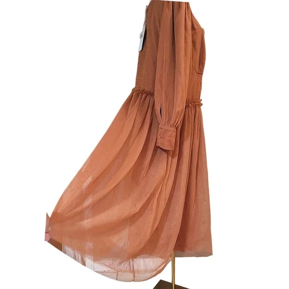 Ivy City Rust Orange Tulle Square Neck Puff Sleeve Midi Dress Plus‎ Size 2X